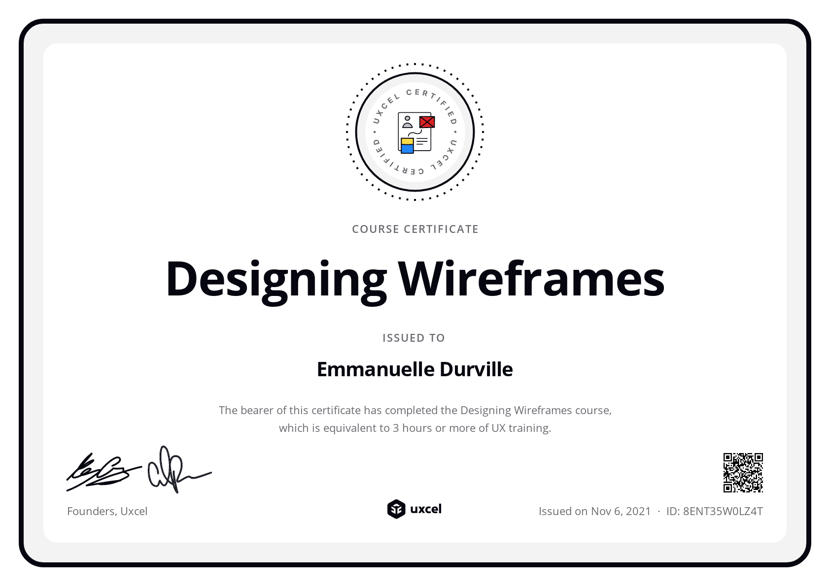 Emmanuelle Durville's certificate